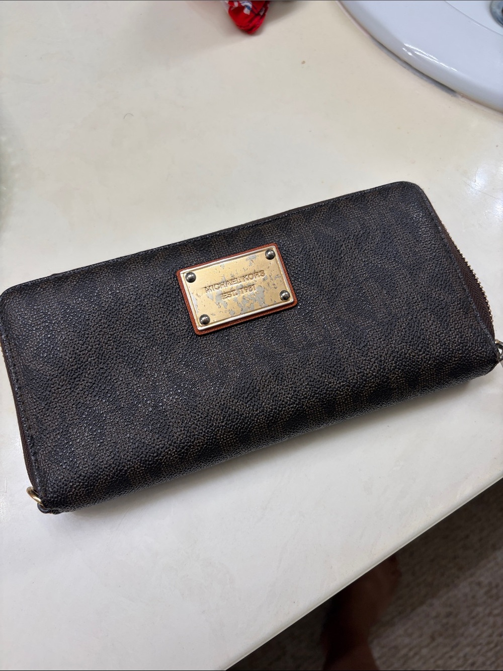 Michael Kors Dark Brown Zip-Around Wallet with Gold Plate